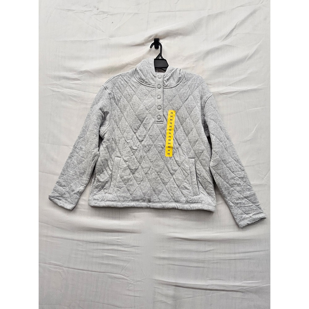 Lands End Womens Quilted Pullover Hoodie Grey Cotton Blend Casual Size Medium